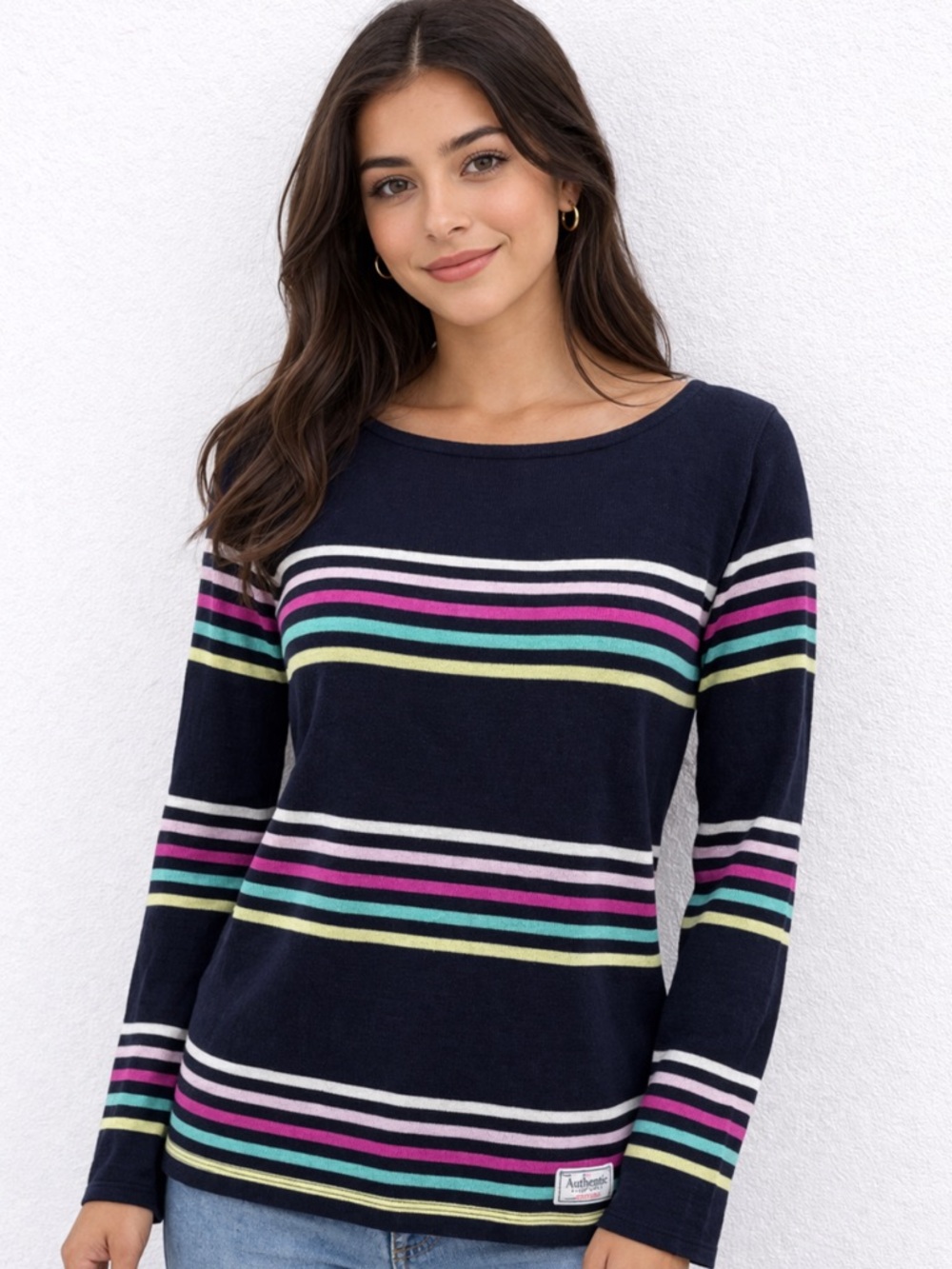 Talbots Navy top stripe pink blue green white‎ boat neck XS long sleeve